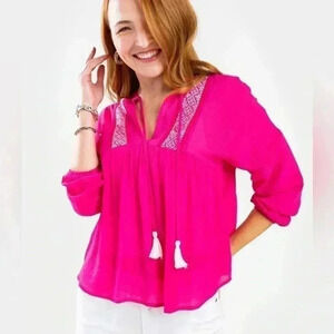 NWT Blue Rain Amelia Embroidered Fuchsia Long Sleeve Boho Blouse Size M